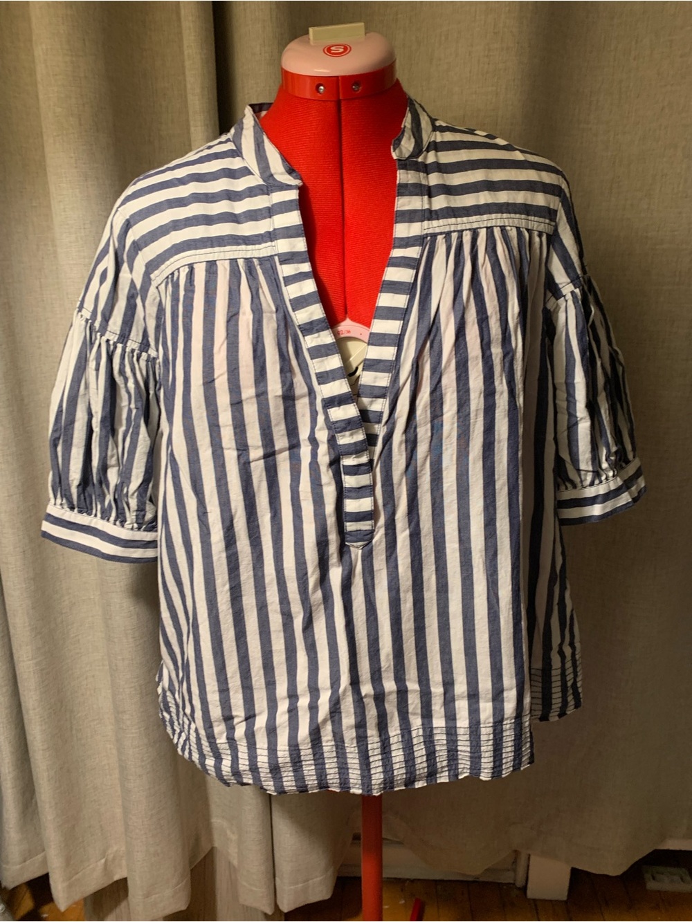 Anthropologie Blue and White Striped Cotton Popover Blouse